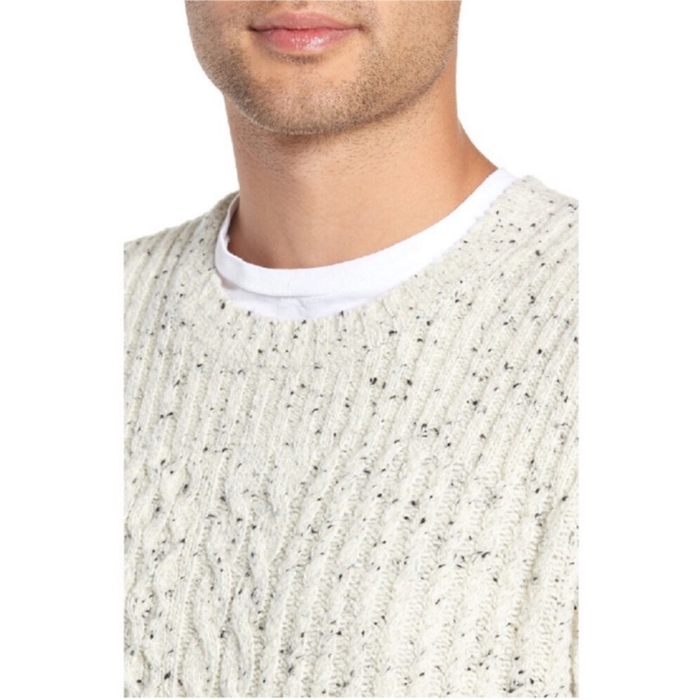VINCE Cable Knit Speckled Crewneck Sweater Marled Ivory Wool Blend Fisherman - Picture 3 of 9